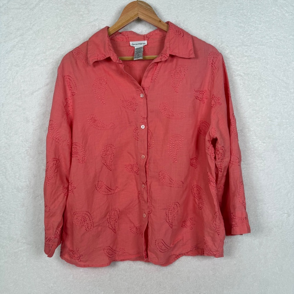 Rene Margo Button Up Shirt Womens XL Coral Pink Paisley Embroidered Ramie Blouse